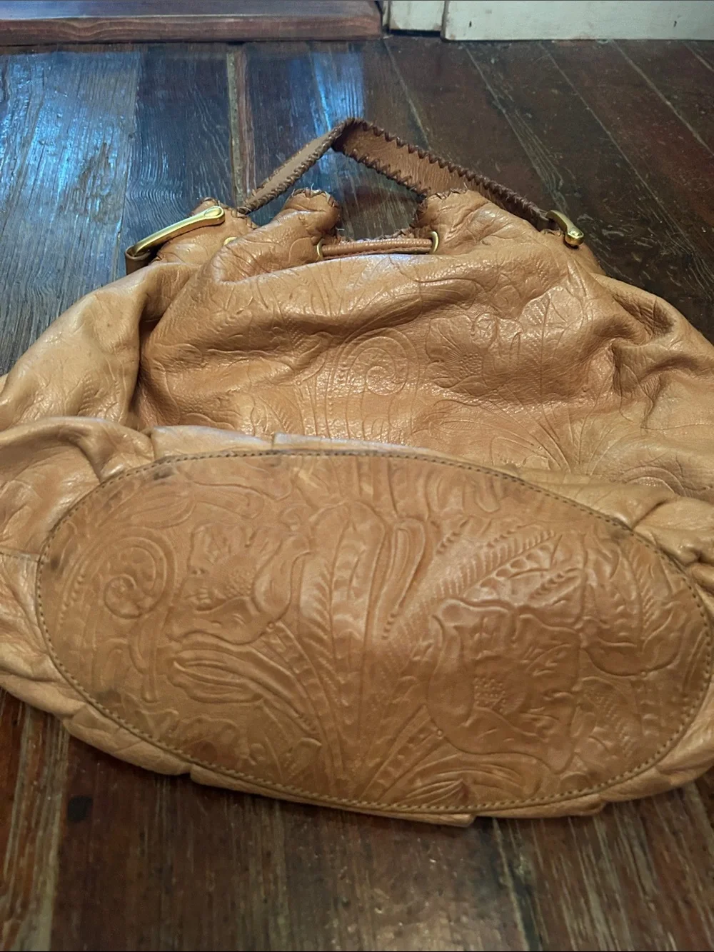 Ralph Lauren Tan Embossed Leather Drawstring Hobo